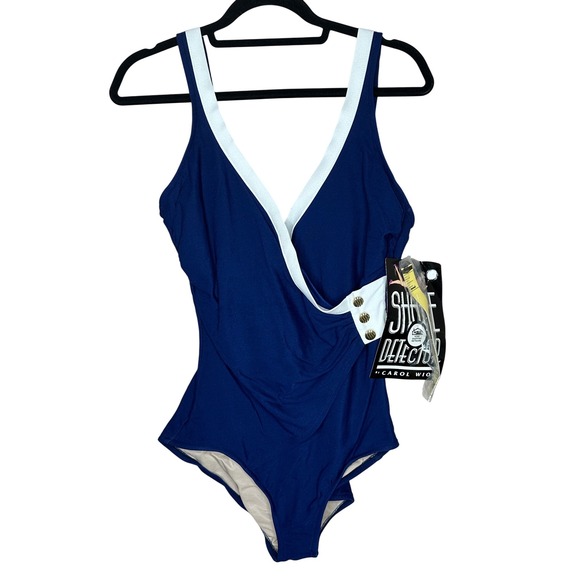 Carol Wior Shape Detector Navy Blue V-Neck Gold Button‎ One Piece Swimsuit 14